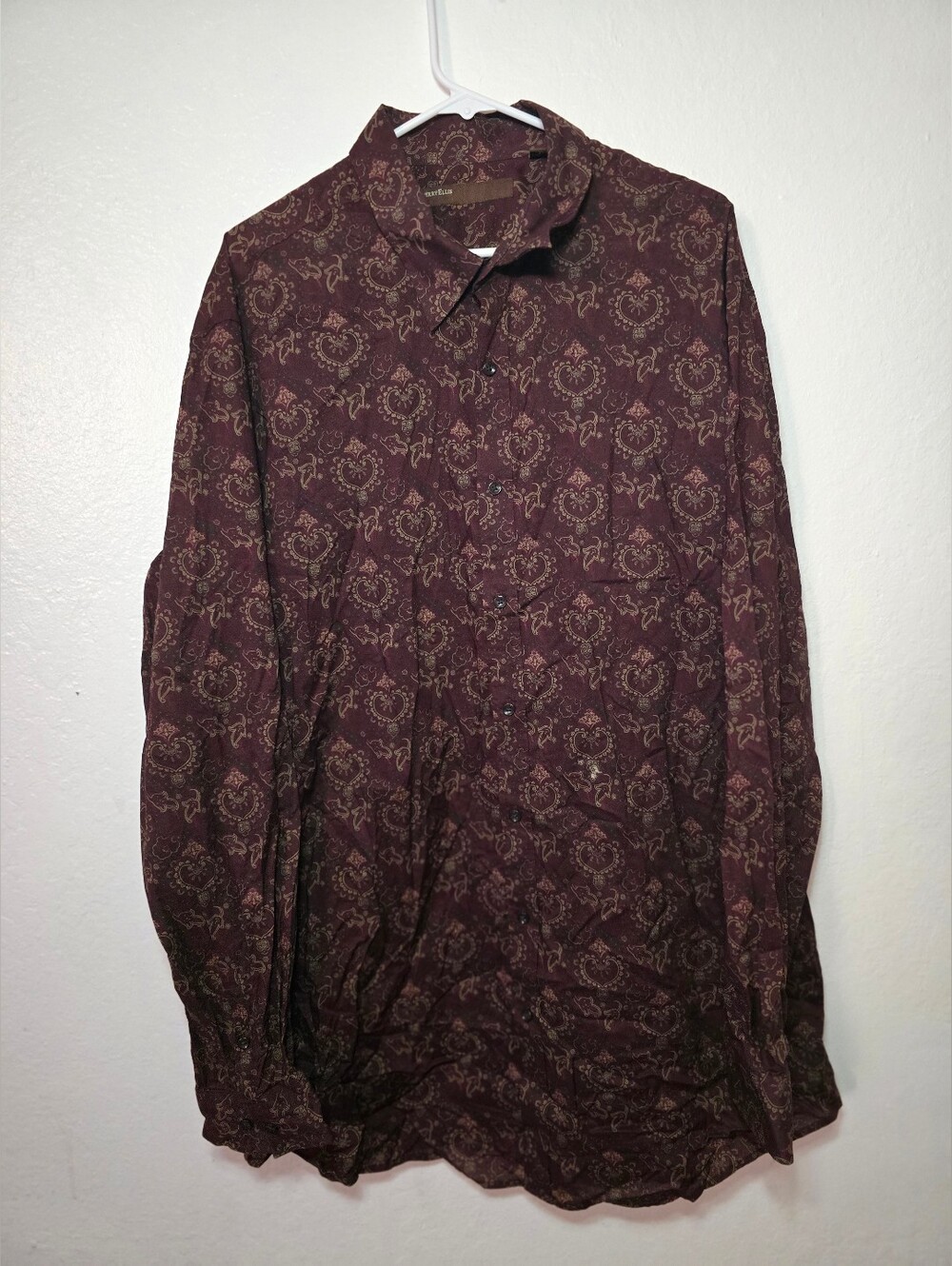 Vintage Perry Ellis Men's Long Sleeve Button Down Shirt Maroon Burgundy Paisley